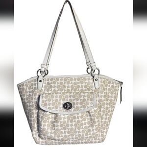 Coach Signature Leah Large Shoulder Tote Bag in Khaki and White